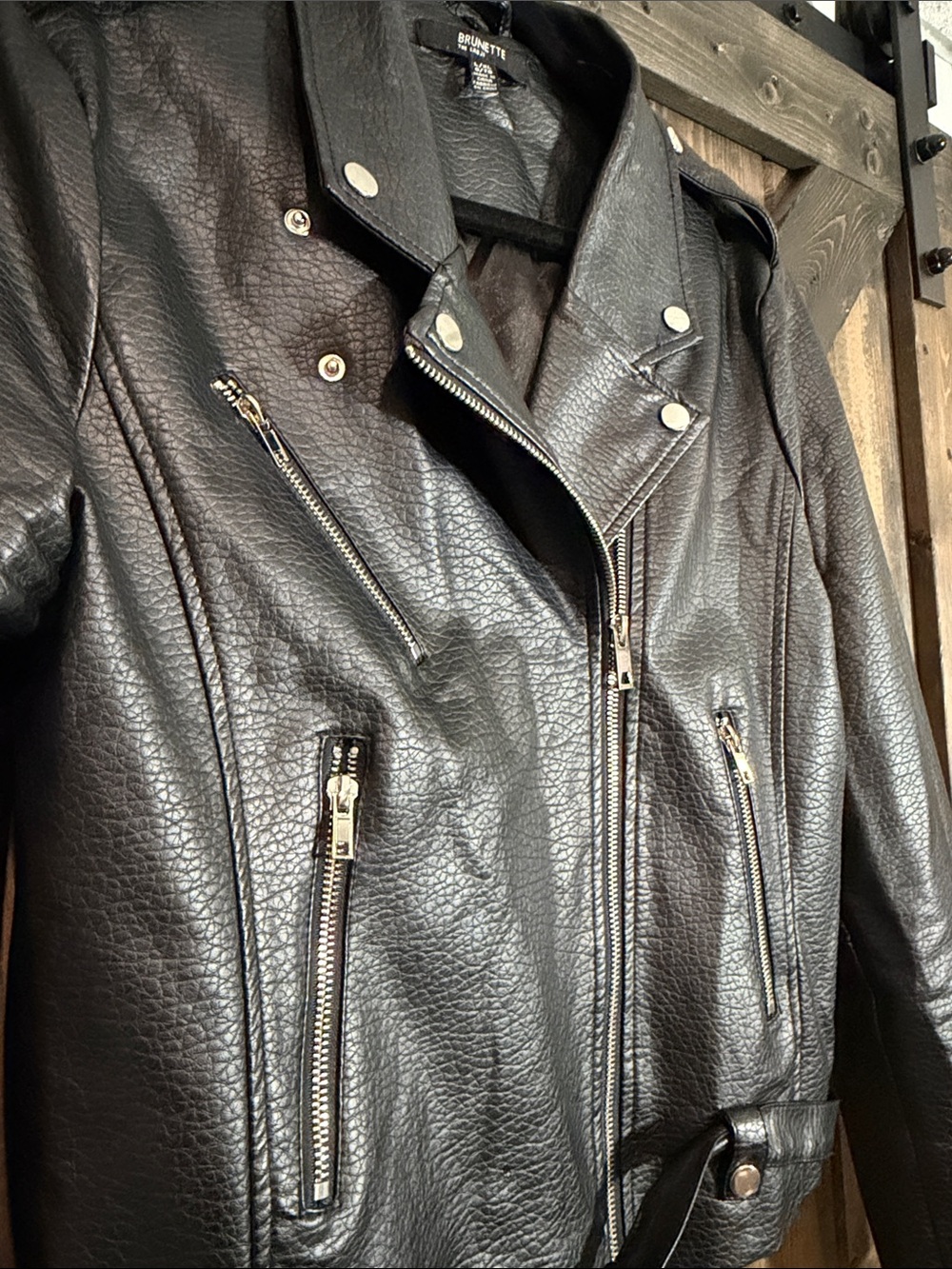 Brunette The Label Black Faux Leather Moto Jacket with Silver Hardware - Picture 3 of 8